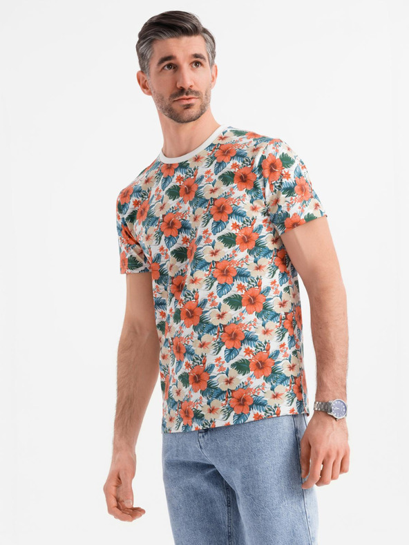 Ombre Clothing Pánske bavlnené tričko s kvetinovým vzorom a celooplošnou potlačou - biele