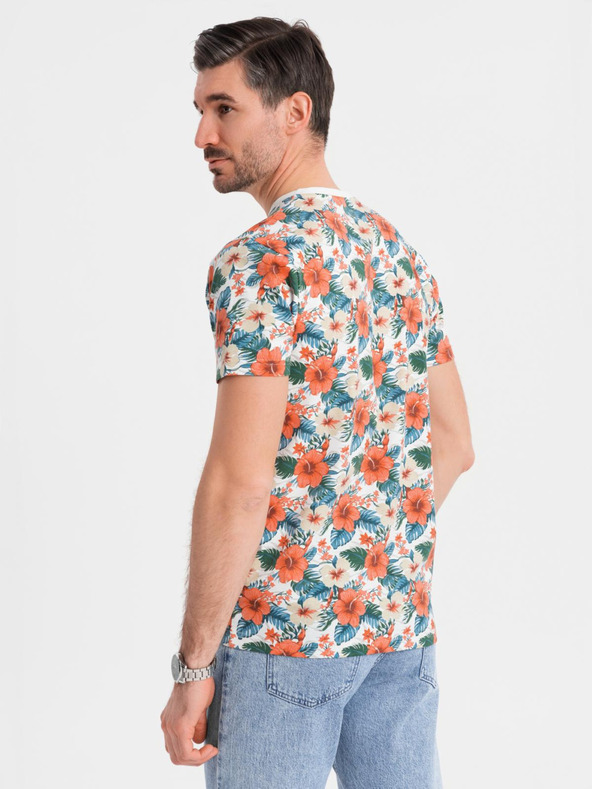 Ombre Clothing Pánske bavlnené tričko s kvetinovým vzorom a celooplošnou potlačou - biele