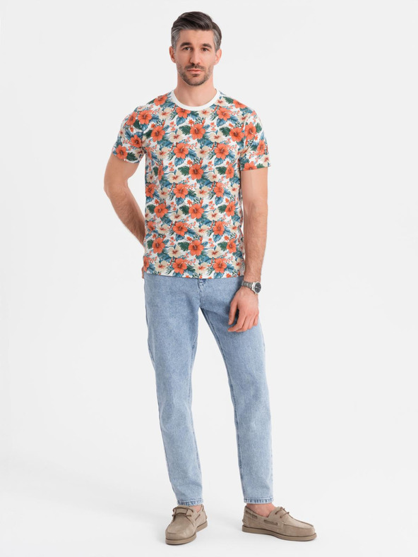 Ombre Clothing Pánske bavlnené tričko s kvetinovým vzorom a celooplošnou potlačou - biele