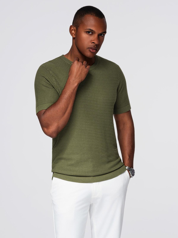 Ombre Clothing Pánske štruktúrované pletené tričko - olivové