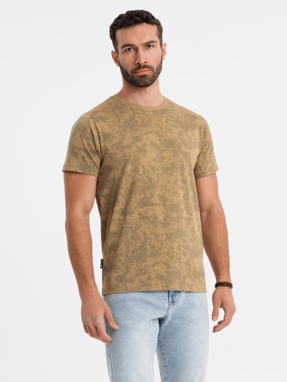 Ombre Clothing Pánske vzorované bavlnené tričko s krátkym rukávom - olivové