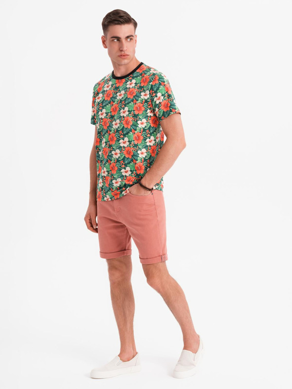 Ombre Clothing Pánske bavlnené tričko s kvetinovým vzorom - čierne