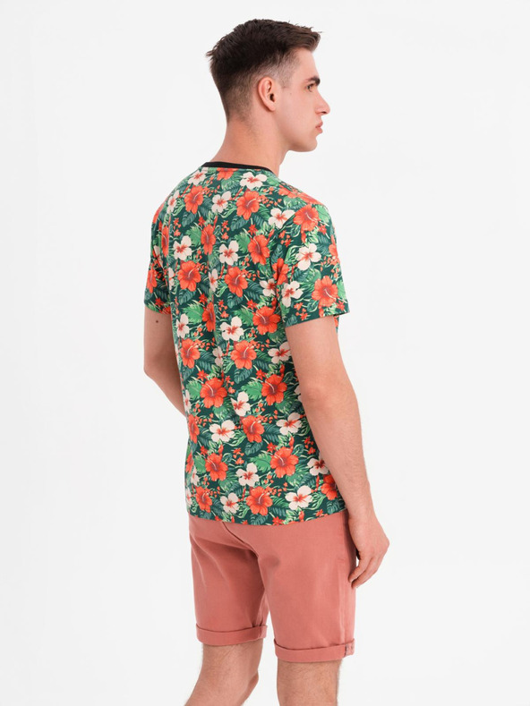 Ombre Clothing Pánske bavlnené tričko s kvetinovým vzorom - čierne