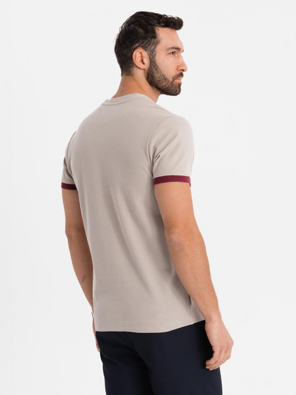 Ombre Clothing Pánske tričko s kontrastnými vsadkami a výstrihom do V - béžové