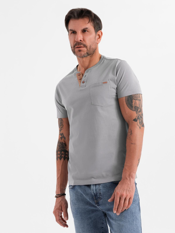 Ombre Clothing Pánske tričko s gombíkovým výstrihom a semišovým lemom - sivé