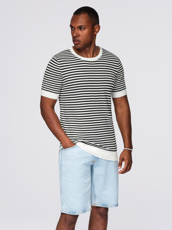 Ombre Clothing Pánske námorníckej pruhované pletené tričko s prerušovanou väzbou - čiernobiele