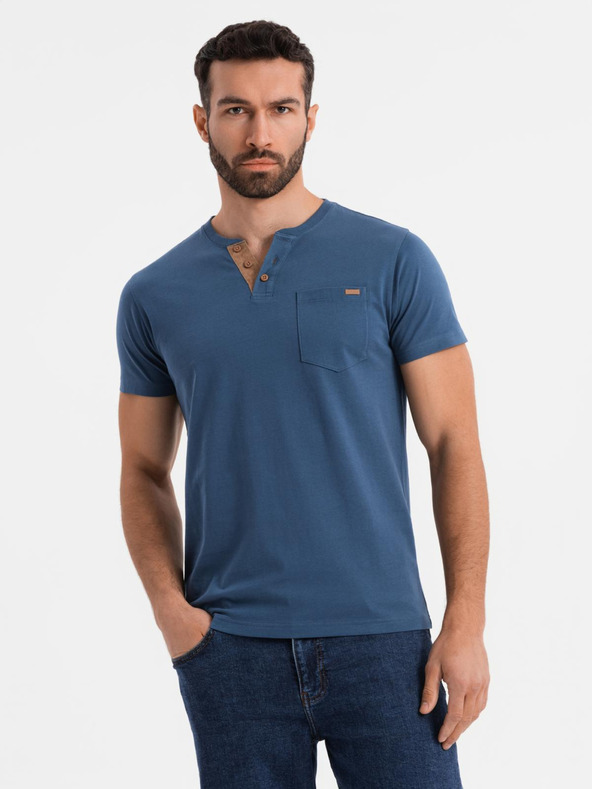 Ombre Clothing Pánske tričko s gombíkovým výstrihom a semišovým lemom - tmavo modré