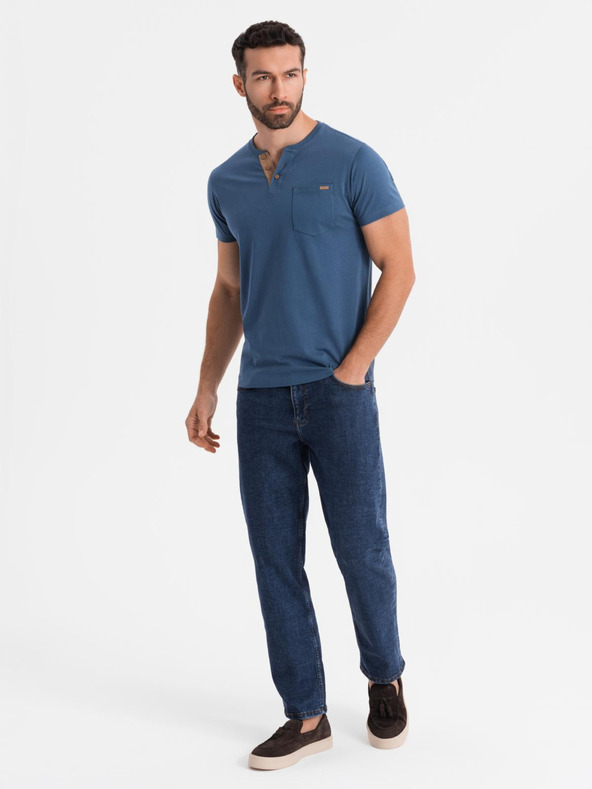 Ombre Clothing Pánske tričko s gombíkovým výstrihom a semišovým lemom - tmavo modré