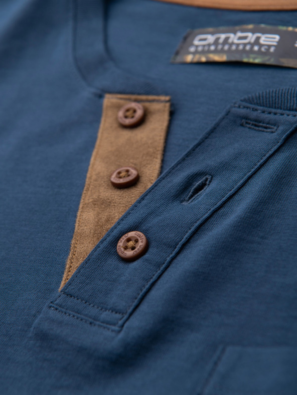 Ombre Clothing Pánske tričko s gombíkovým výstrihom a semišovým lemom - tmavo modré