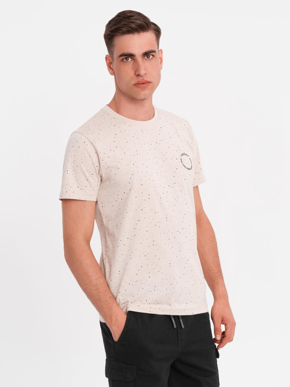 Ombre Clothing Pánske bavlnené tričko s potlačou a okrúhlym výstrihom - béžové