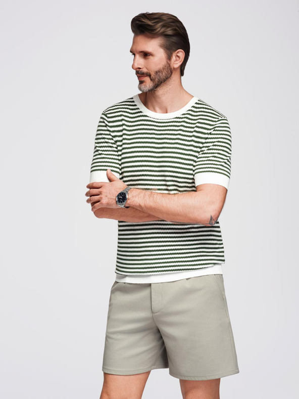 Ombre Clothing Pánske námorníckej pruhované pletené tričko s prelamovanou väzbou - olivová a biela