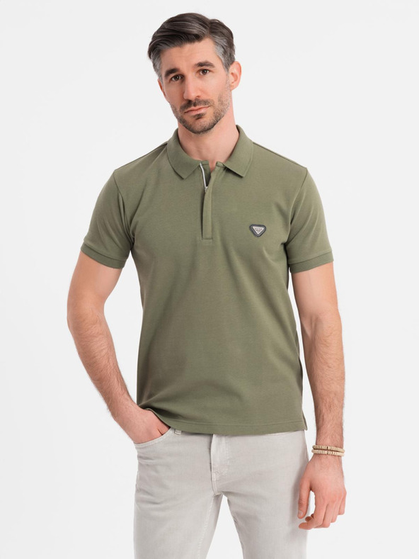 Ombre Clothing Pánska polokošeľa so zipsom - olivová