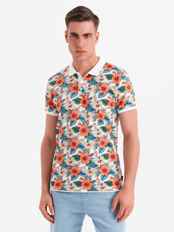 Ombre Clothing Bavlnená polokošeľa s kvetinovým potlačou - biela