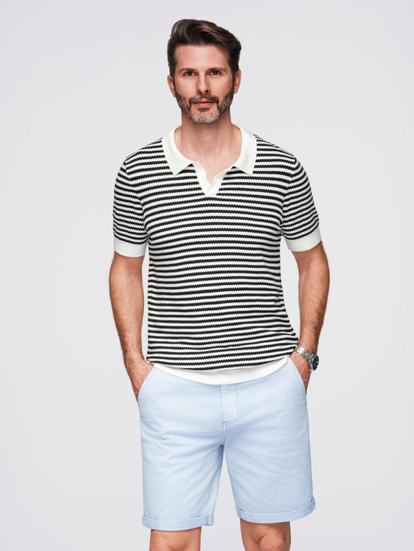 Ombre Clothing Pánska pletená polokošeľa bez gombíkov v námorníckych pruhoch - čierno-biela
