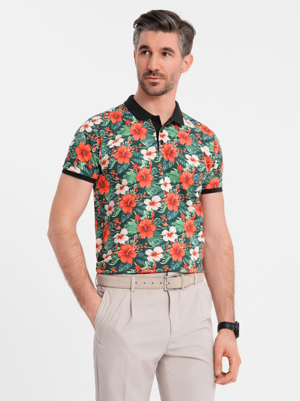 Ombre Clothing Bavlnená polokošeľa s kvetinovým potlačou - čierna