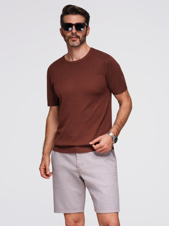 Ombre Clothing Pánska klasická pletená košeľa so žebrovanými manžetami - teplá hnedá
