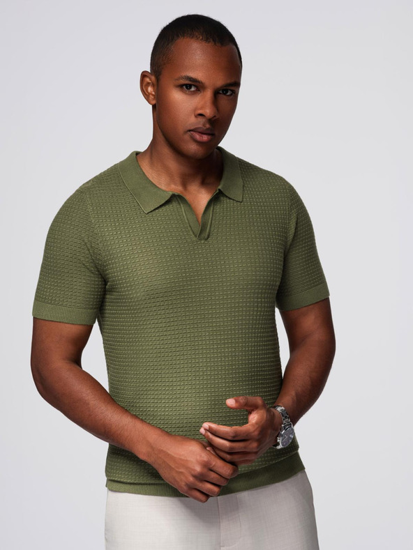 Ombre Clothing Pánska pletená polokošeľa bez gombíkov - olivová