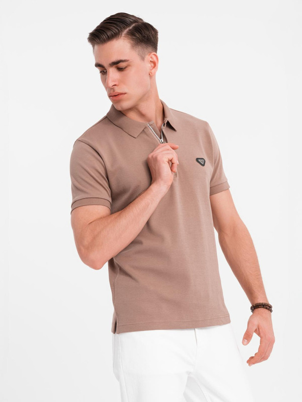 Ombre Clothing Pánska polokošeľa so zipsom - svetlo hnedá