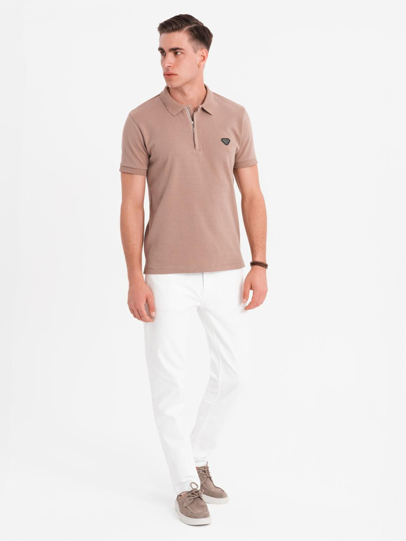 Ombre Clothing Pánska polokošeľa so zipsom - svetlo hnedá