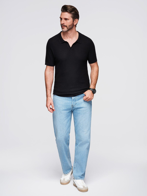 Ombre Clothing Pánska pletená polokošeľa bez gombíkov - čierna