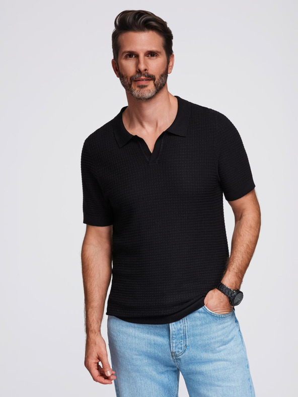 Ombre Clothing Pánska pletená polokošeľa bez gombíkov - čierna