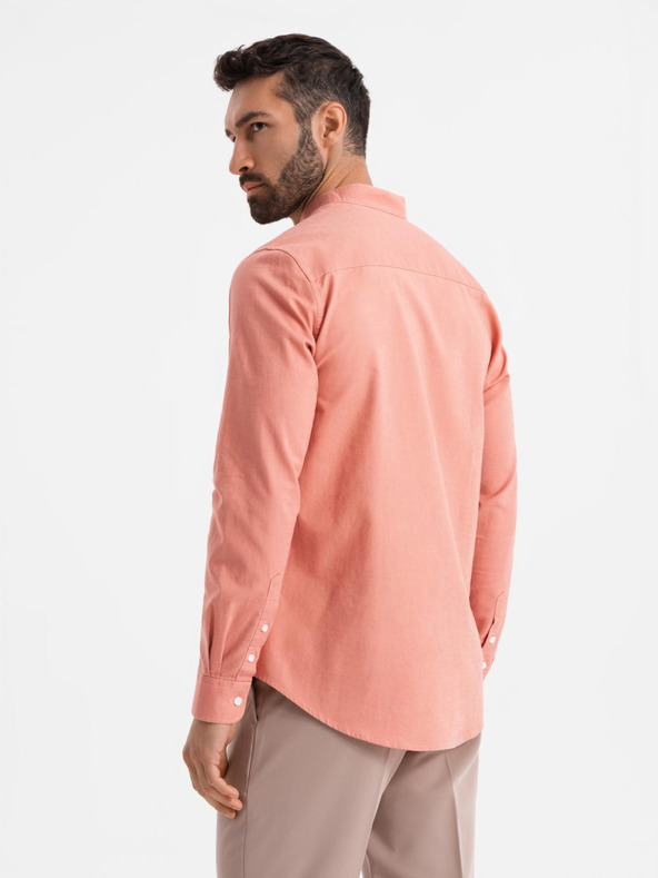 Ombre Clothing Pánska plátená košeľa so stojačikom a vreckom REGULAR FIT - ružová