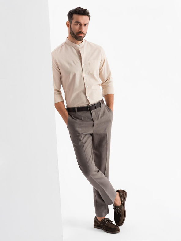 Ombre Clothing Pánska plátená košeľa so stojačikom a vreckom REGULAR FIT - krémová