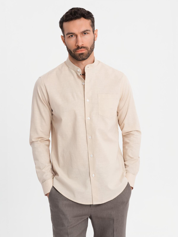 Ombre Clothing Pánska plátená košeľa so stojačikom a vreckom REGULAR FIT - krémová