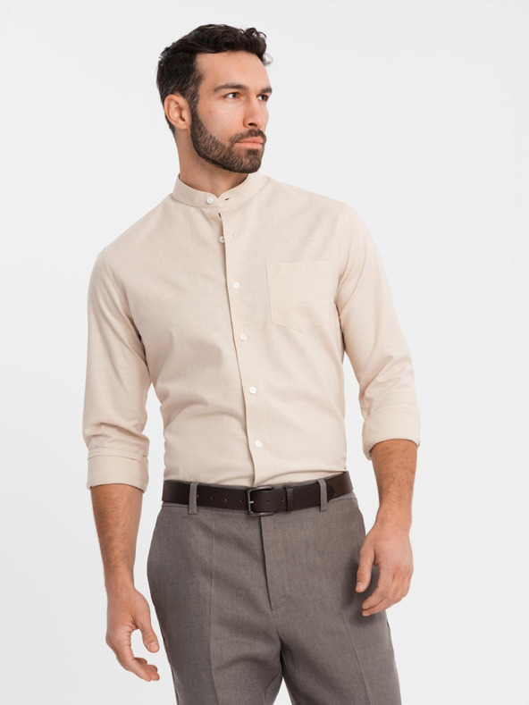 Ombre Clothing Pánska plátená košeľa so stojačikom a vreckom REGULAR FIT - krémová