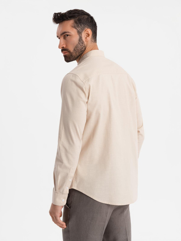 Ombre Clothing Pánska plátená košeľa so stojačikom a vreckom REGULAR FIT - krémová