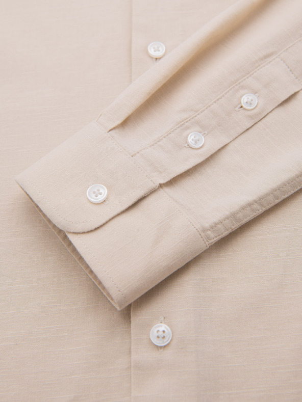 Ombre Clothing Pánska plátená košeľa so stojačikom a vreckom REGULAR FIT - krémová