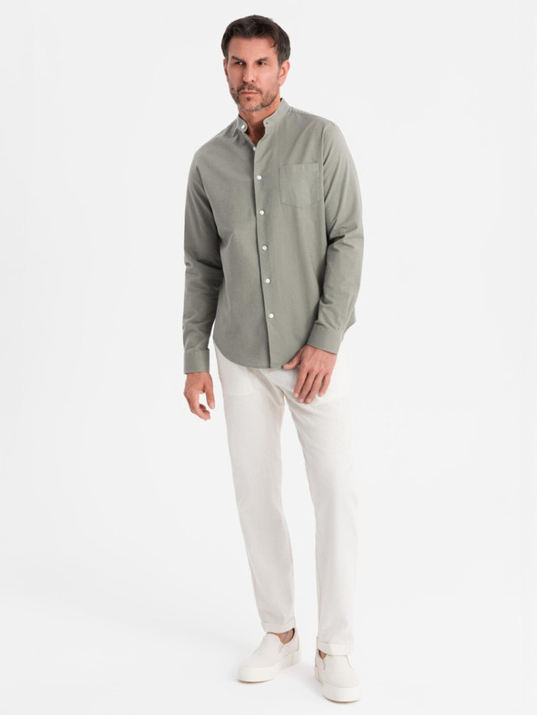 Ombre Clothing Pánska plátená košeľa so stojačikom a vreckom REGULAR FIT - khaki