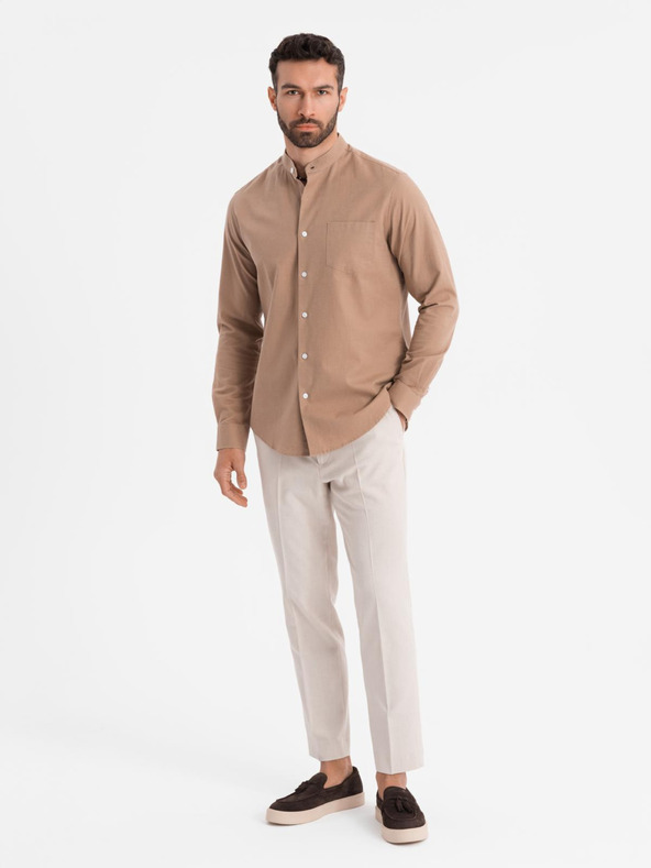 Ombre Clothing Pánska plátená košeľa so stojačikom a vreckom REGULAR FIT - svetlo hnedá