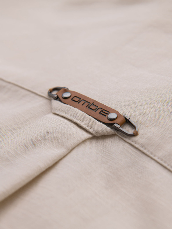 Ombre Clothing Pánska plátená košeľa s klasickým golierom a vreckami REGULAR FIT - krémová