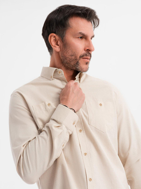 Ombre Clothing Pánska plátená košeľa s klasickým golierom a vreckami REGULAR FIT - krémová