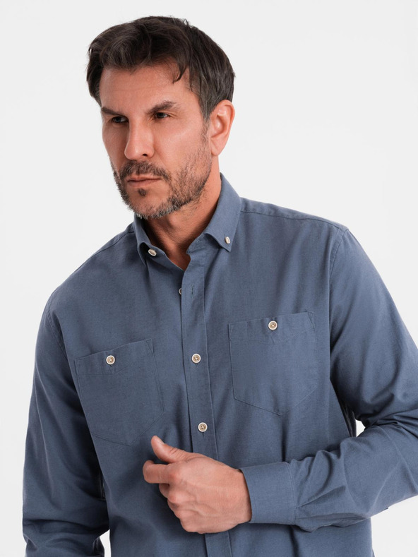 Ombre Clothing Pánska plátená košeľa s klasickým golierom a vreckami REGULAR FIT - modrá