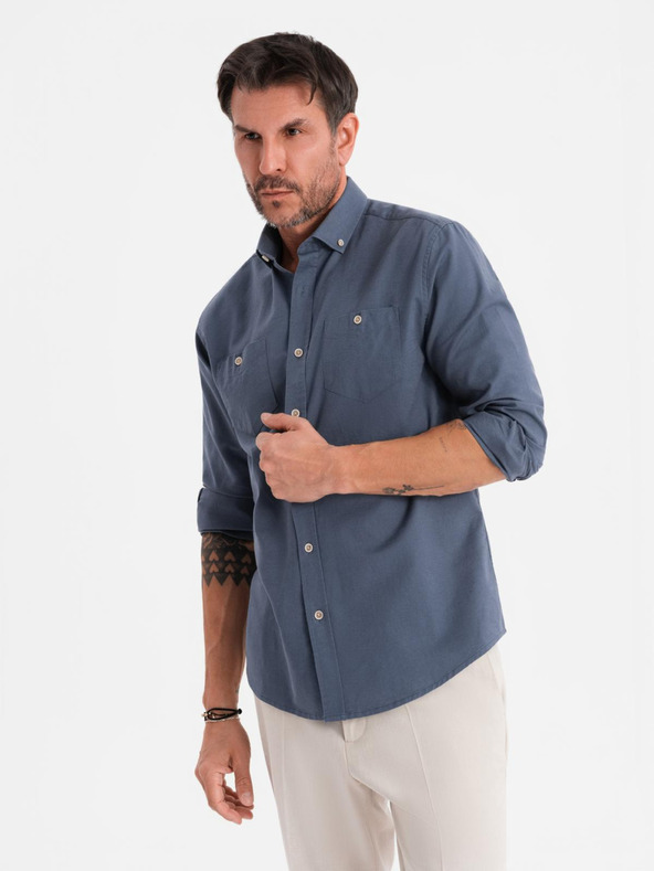 Ombre Clothing Pánska plátená košeľa s klasickým golierom a vreckami REGULAR FIT - modrá