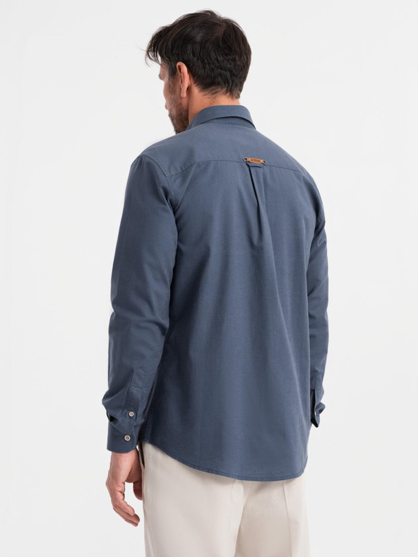 Ombre Clothing Pánska plátená košeľa s klasickým golierom a vreckami REGULAR FIT - modrá