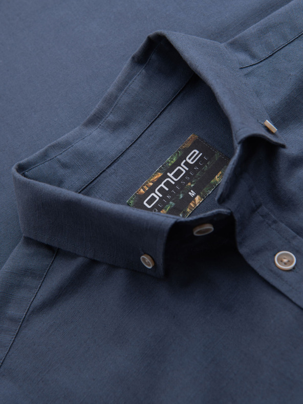Ombre Clothing Pánska plátená košeľa s klasickým golierom a vreckami REGULAR FIT - modrá
