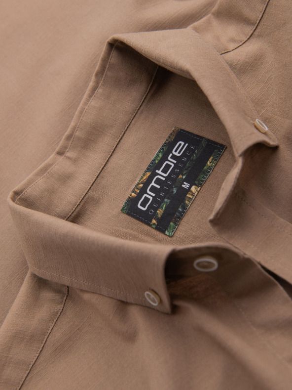 Ombre Clothing Pánska ľanová košeľa s klasickým golierom a vreckami REGULAR FIT - svetlo hnedá
