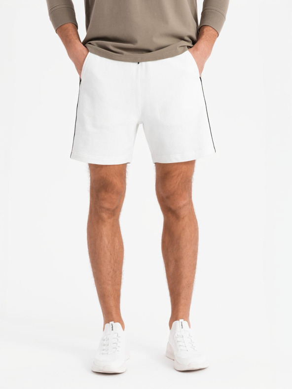 Ombre Clothing Pánske krátke teplákovové kraťasy so širokými pruhmi - biele