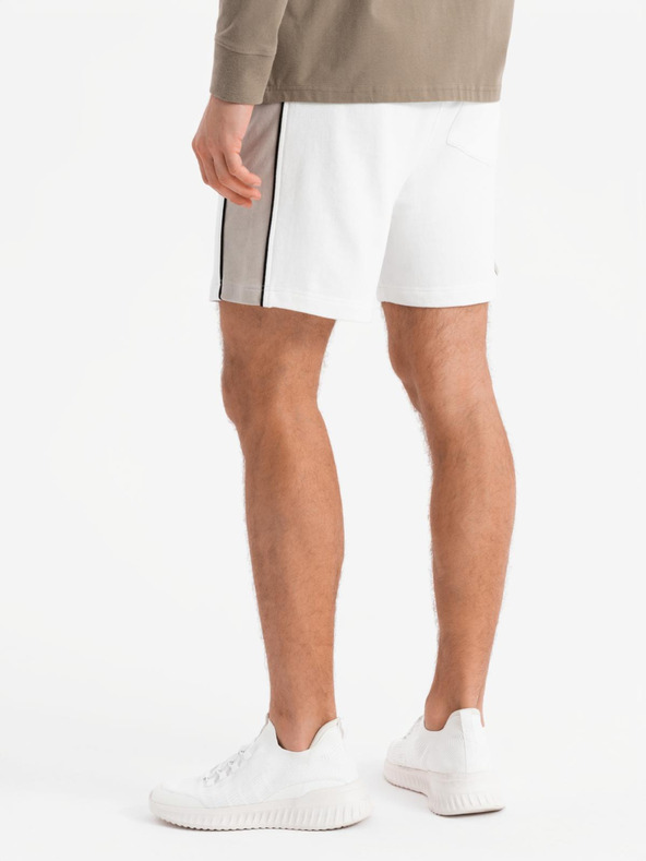 Ombre Clothing Pánske krátke teplákovové kraťasy so širokými pruhmi - biele
