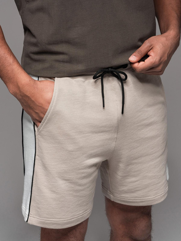 Ombre Clothing Pánske krátke teplákovové kraťasy so širokými pruhmi - béžové
