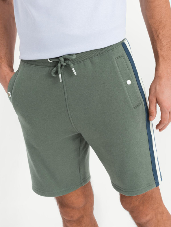 Ombre Clothing Pánske teplákovové šortky s lemovaním a rebrovaným pásom - olivové