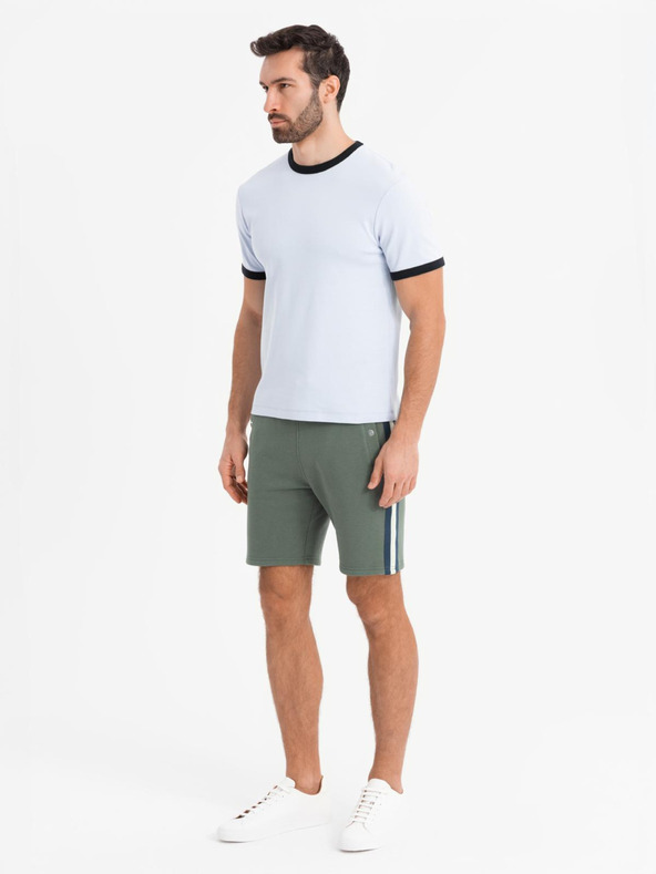 Ombre Clothing Pánske teplákovové šortky s lemovaním a rebrovaným pásom - olivové
