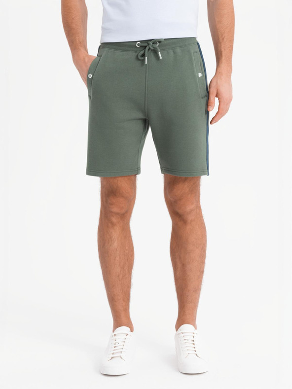 Ombre Clothing Pánske teplákovové šortky s lemovaním a rebrovaným pásom - olivové
