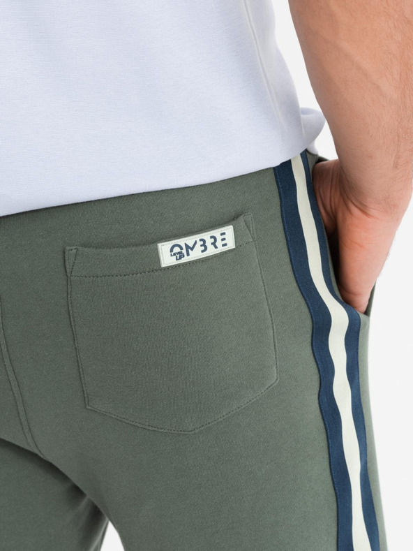 Ombre Clothing Pánske teplákovové šortky s lemovaním a rebrovaným pásom - olivové