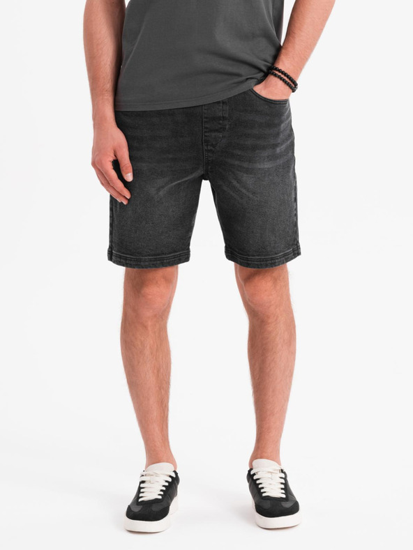 Ombre Clothing Pánske šortky s elastickým pásom a praným efektom - čierne