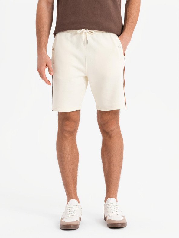 Ombre Clothing Pánske teplákovové šortky s lemovaním a rebrovaným pásom - krémové