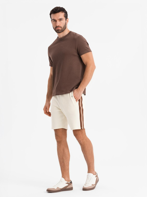 Ombre Clothing Pánske teplákovové šortky s lemovaním a rebrovaným pásom - krémové